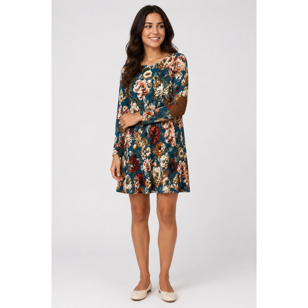 Floral Swing Tunic Dress Small Teal Long Sleeve Elbow Patch USA Made Cottagecore